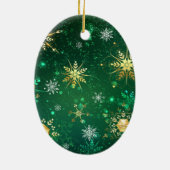 Goldene Schneeflocken im grünen Hintergrund Keramik Ornament (Hinten)