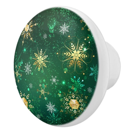 Goldene Schneeflocken im grünen Hintergrund Keramikknauf (Rechts)