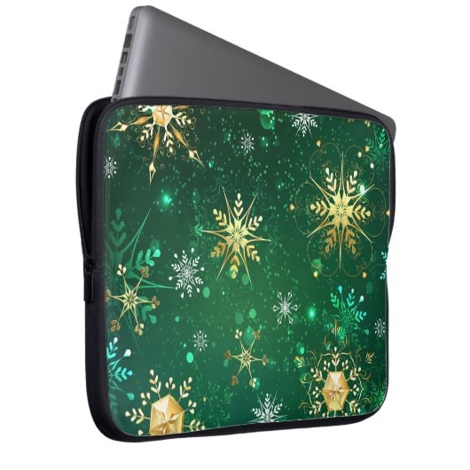 Goldene Schneeflocken im grünen Hintergrund Laptopschutzhülle (Vorne Rechts)