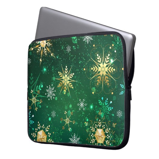 Goldene Schneeflocken im grünen Hintergrund Laptopschutzhülle (Vorderseite Links)