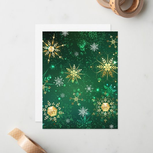 Goldene Schneeflocken im grünen Hintergrund Mitteilungskarte (Vorderseite/Rückseite Beispiel)