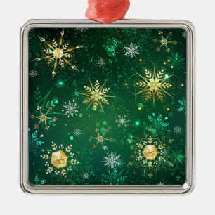 Goldene Schneeflocken im grünen Hintergrund Ornament Aus Metall