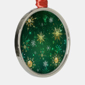Goldene Schneeflocken im grünen Hintergrund Ornament Aus Metall (Rechts)