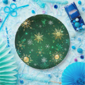 Goldene Schneeflocken im grünen Hintergrund Pappteller (Party)