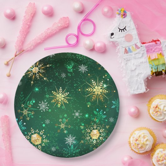 Goldene Schneeflocken im grünen Hintergrund Pappteller (Party)
