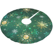 Goldene Schneeflocken im grünen Hintergrund Polyester Weihnachtsbaumdecke (Schrägansicht)