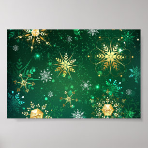 Goldene Schneeflocken im grünen Hintergrund Poster