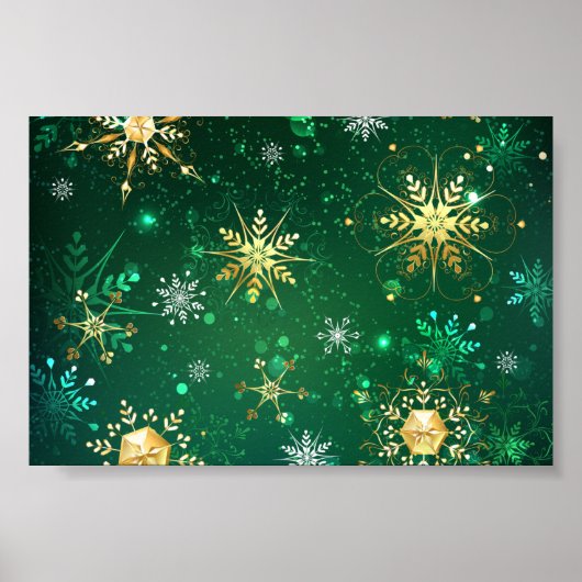 Goldene Schneeflocken im grünen Hintergrund Poster (Vorne)