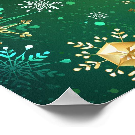 Goldene Schneeflocken im grünen Hintergrund Poster (Ecke)