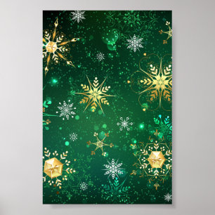 Goldene Schneeflocken im grünen Hintergrund Poster