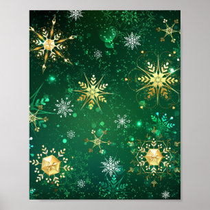 Goldene Schneeflocken im grünen Hintergrund Poster
