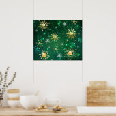 Goldene Schneeflocken im grünen Hintergrund Poster (Küche)