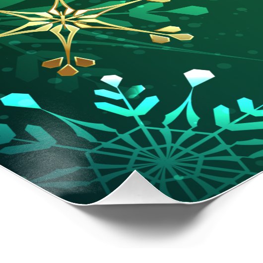 Goldene Schneeflocken im grünen Hintergrund Poster (Ecke)