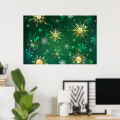 Goldene Schneeflocken im grünen Hintergrund Poster (Heimbüro)