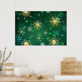 Goldene Schneeflocken im grünen Hintergrund Poster (Küche)