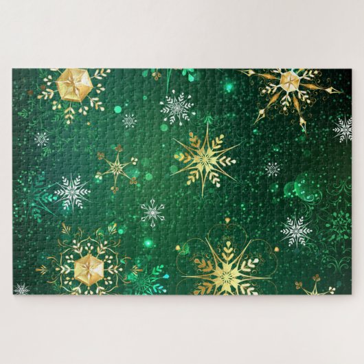 Goldene Schneeflocken im grünen Hintergrund Puzzle (Horizontal)