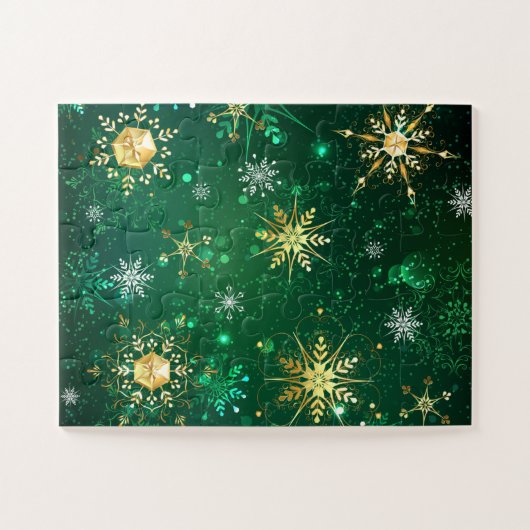 Goldene Schneeflocken im grünen Hintergrund Puzzle (Horizontal)