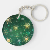 Goldene Schneeflocken im grünen Hintergrund Schlüsselanhänger (Rückseite)