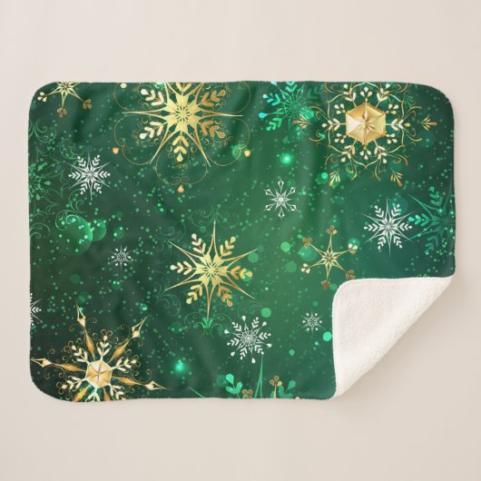 Goldene Schneeflocken im grünen Hintergrund Sherpadecke (Vorderseite (Horizontal))