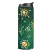 Goldene Schneeflocken im grünen Hintergrund Thermosbecher (Nach links gedreht)