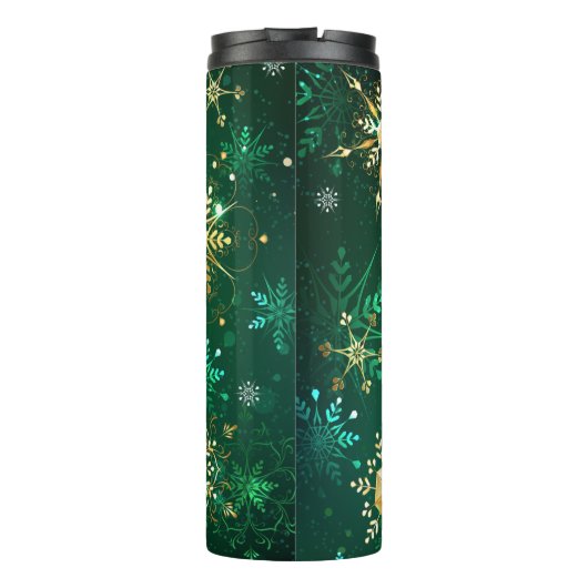 Goldene Schneeflocken im grünen Hintergrund Thermosbecher (Rückseite)