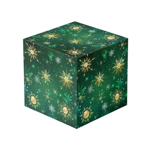 Goldene Schneeflocken im grünen Hintergrund Würfel (Rückseite Schrägansicht)
