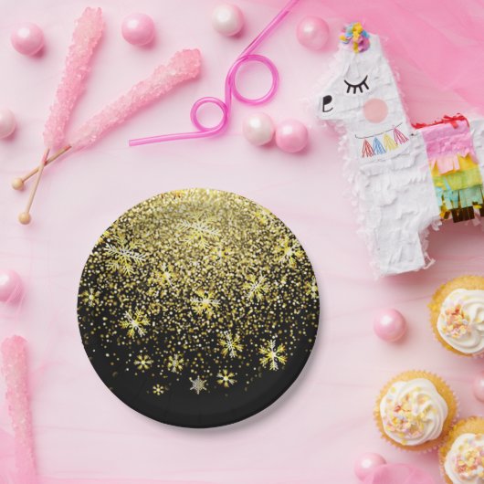 Goldene Schneeflocken im Schwarzen Neujahrsfest-Pa Pappteller (Party)