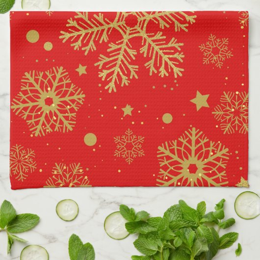 Goldene Schneeflocken in Rot Geschirrtuch (Gefaltet)