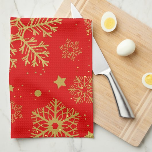 Goldene Schneeflocken in Rot Geschirrtuch (Viertel Falte)