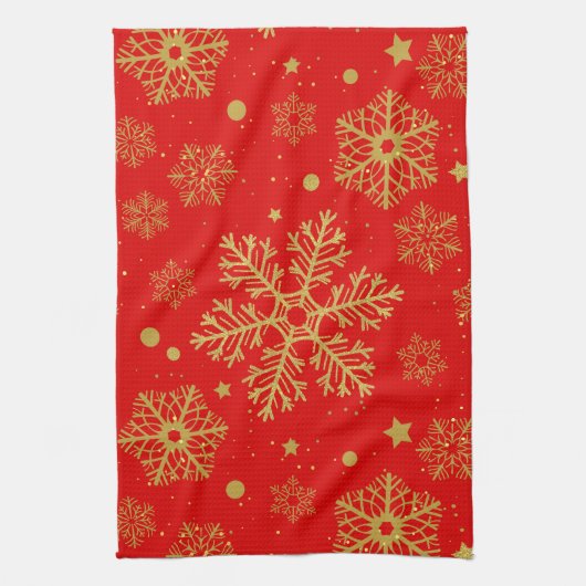 Goldene Schneeflocken in Rot Geschirrtuch (Vertikal)
