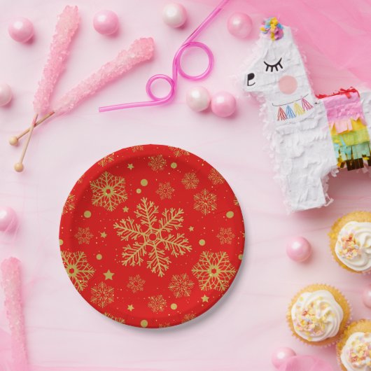 Goldene Schneeflocken in Rot Pappteller (Party)