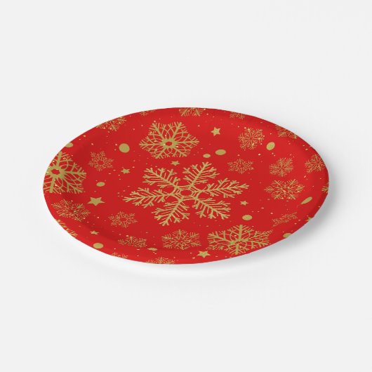 Goldene Schneeflocken in Rot Pappteller (Schrägansicht)