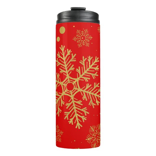 Goldene Schneeflocken in Rot Thermosbecher (Vorderseite)