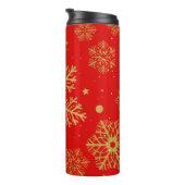 Goldene Schneeflocken in Rot Thermosbecher (Nach rechts gedreht)