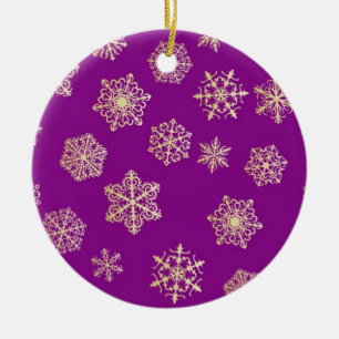 Goldene Schneeflocken, lila Hintergrund Keramikornament