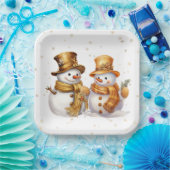 Goldene Schneeflocken mit Schneemann Pappteller (Party)