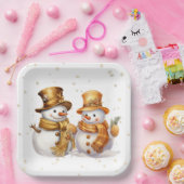 Goldene Schneeflocken mit Schneemann Pappteller (Party)