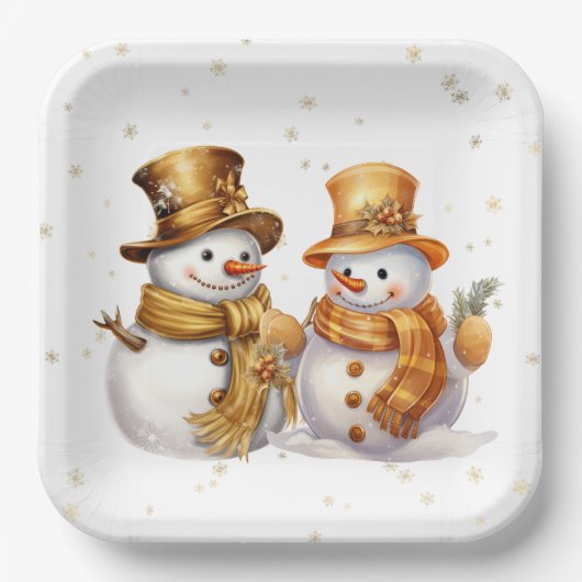 Goldene Schneeflocken mit Schneemann Pappteller (Vorderseite)