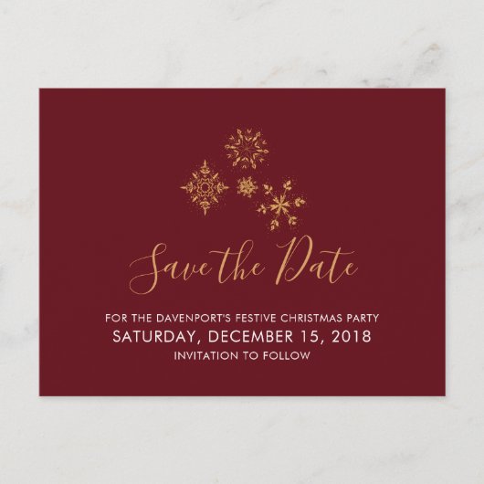 Goldene Schneeflocken Save the Date Weihnachten Postkarte (Vorderseite)
