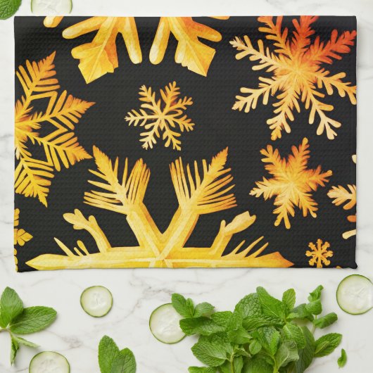 Goldene Schneeflocken und schwarze Hintergrundfarb Geschirrtuch (Gefaltet)