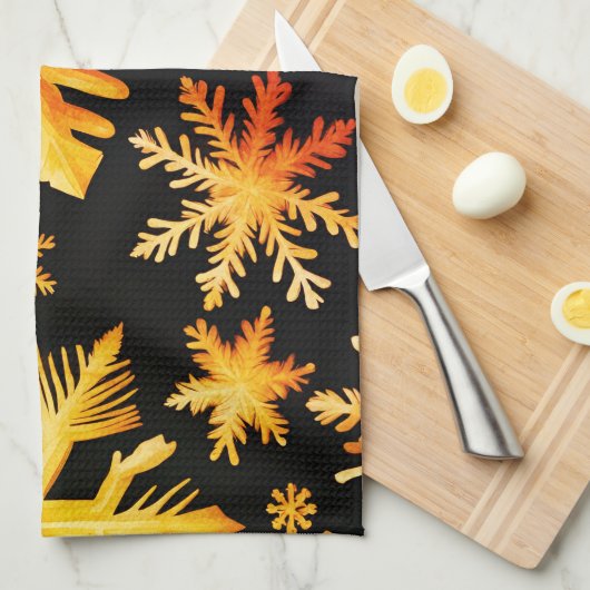Goldene Schneeflocken und schwarze Hintergrundfarb Geschirrtuch (Viertel Falte)