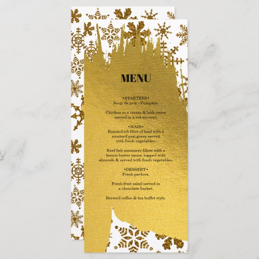 Goldene Schneeflocken Weihnachten Hochzeit Menükarte (Vorne/Hinten)