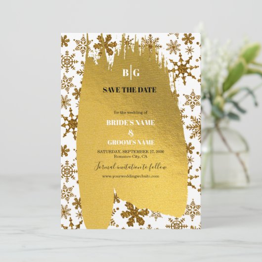 Goldene Schneeflocken Weihnachten Hochzeit Save The Date (Stehend Vorderseite)
