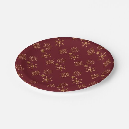 Goldene Schneeflocken Weihnachtsmuster Pappteller (Schrägansicht)