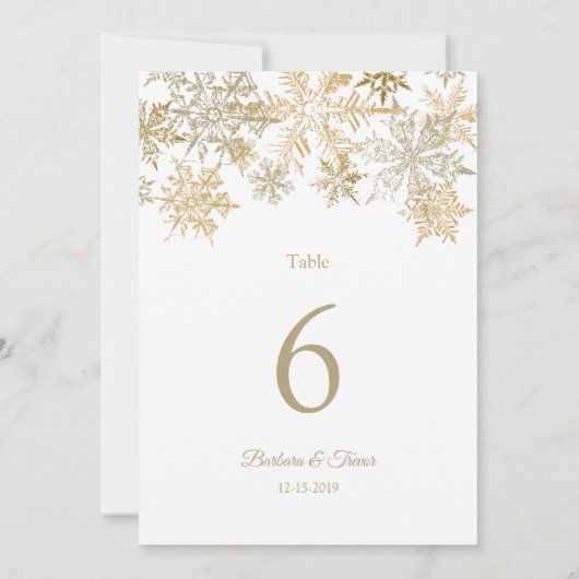 Goldene Schneeflocken Winter Hochzeiten Tischnumme Einladung (Rückseite)