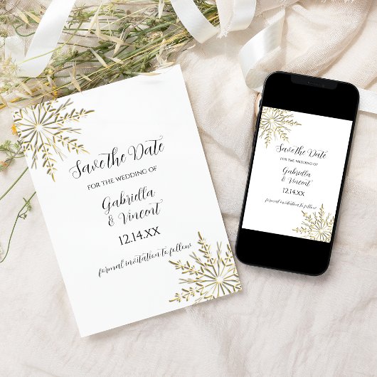 Goldene Schneeflocken Winterhochzeit Save the Date