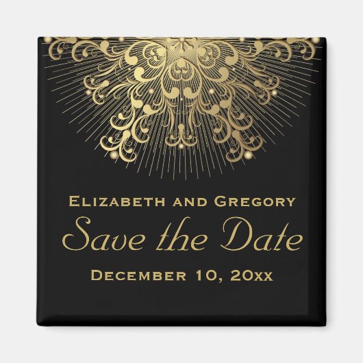 Goldene Schneeflocken-Winterhochzeit Save the Date Magnet (Vorne)