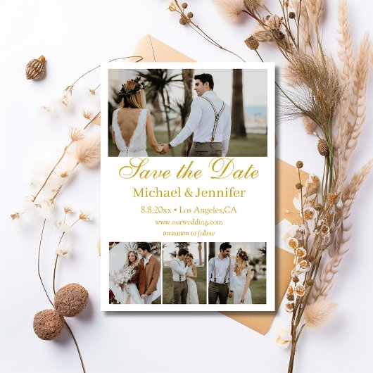 Goldene Schrift 4 Fotos Collage boho Save the Date Einladung