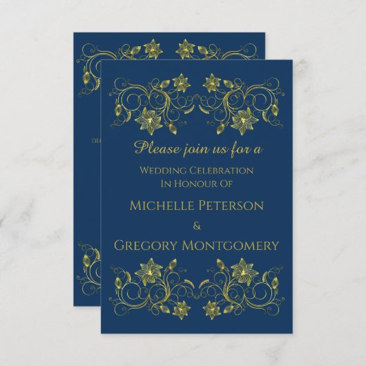 Goldene Schrift auf Atlantic Blue & Filigree Weddi Einladung (Vorne/Hinten)