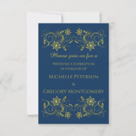 Goldene Schrift auf Atlantic Blue & Filigree Weddi Einladung